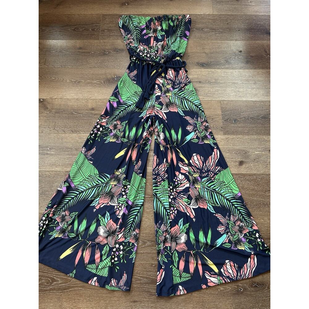 Strapless Tropical Floral Wide Leg Jumpsuit Rope Belt Resort Vacation Medium - Picture 2 of 7